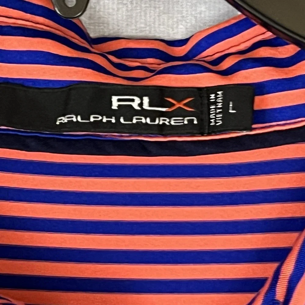 RLX Ralph Lauren Polo Shirt Mens Large Coral/Blue Striped Stretch Short Sleeve